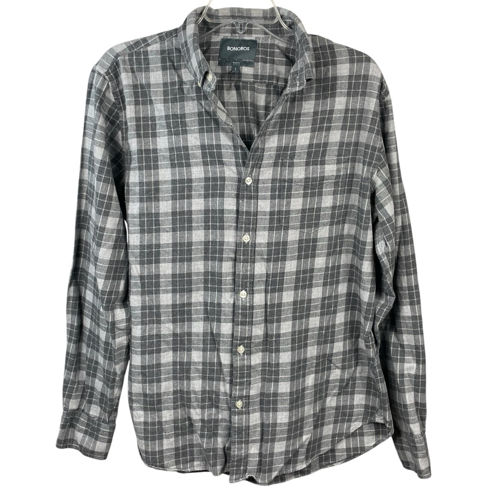 Men’s Bonobos Multi-Tone Grey Plaid 100%‎ Cotton Long Sleeve Slim Fit Large 0264 - Picture 2 of 6